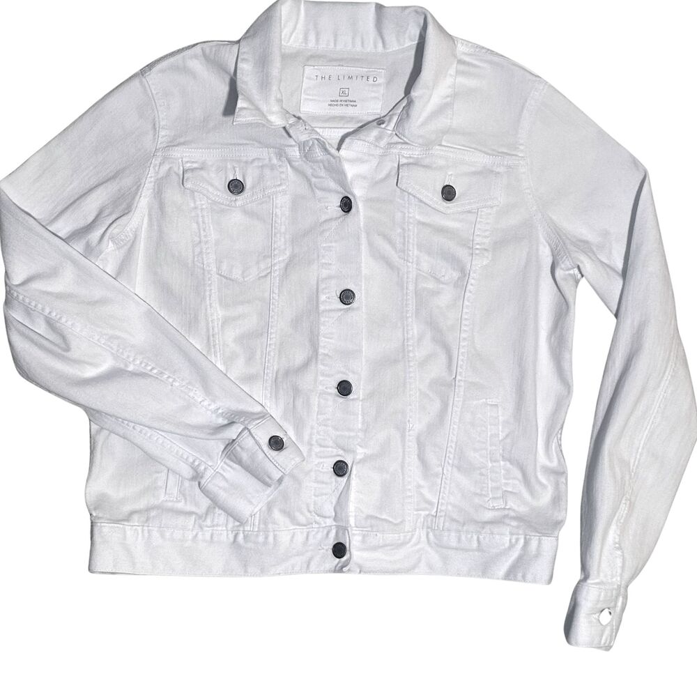The Limited Denim Jacket Womens XL White Ivory Jean Button Front Stretch Classic